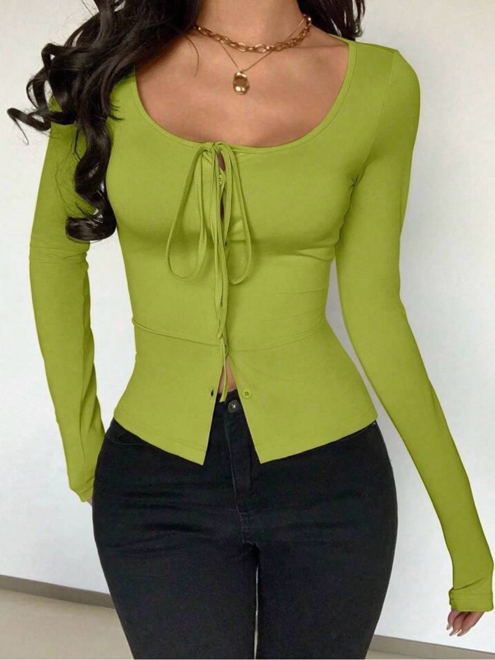 Green Tie-Front Button Up Long Sleeve Top